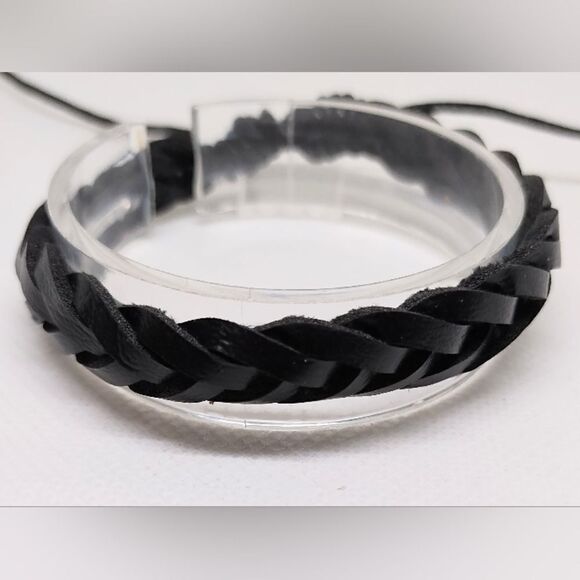 Men's bracelet leather braided black new e69 - Picture 1 of 1